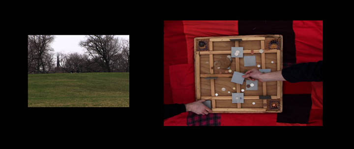 An image of a hill with two people sitting on it alongside an image of a gameboard from above
